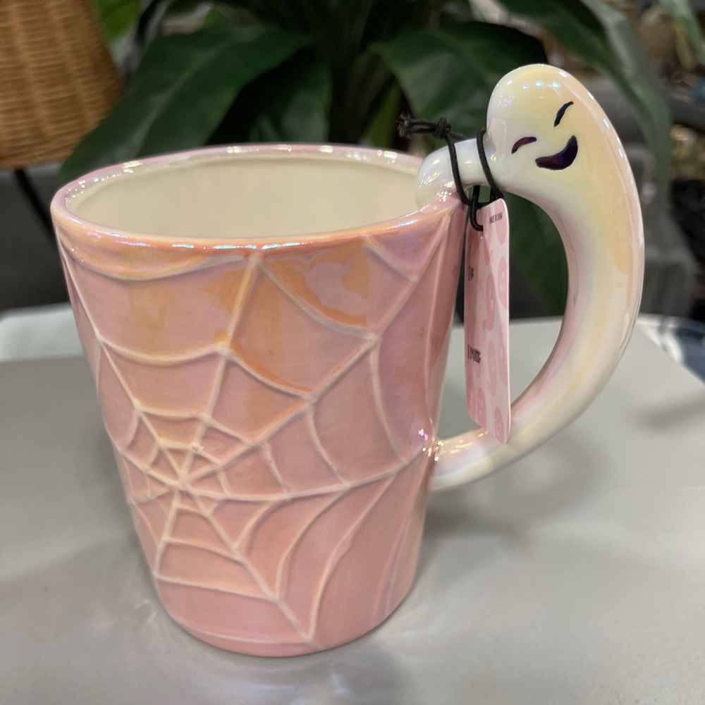 Halloween PINK Ghost & Spiderweb Iridescent ceramic mug PINKoWEEN 🩷👻 NEW